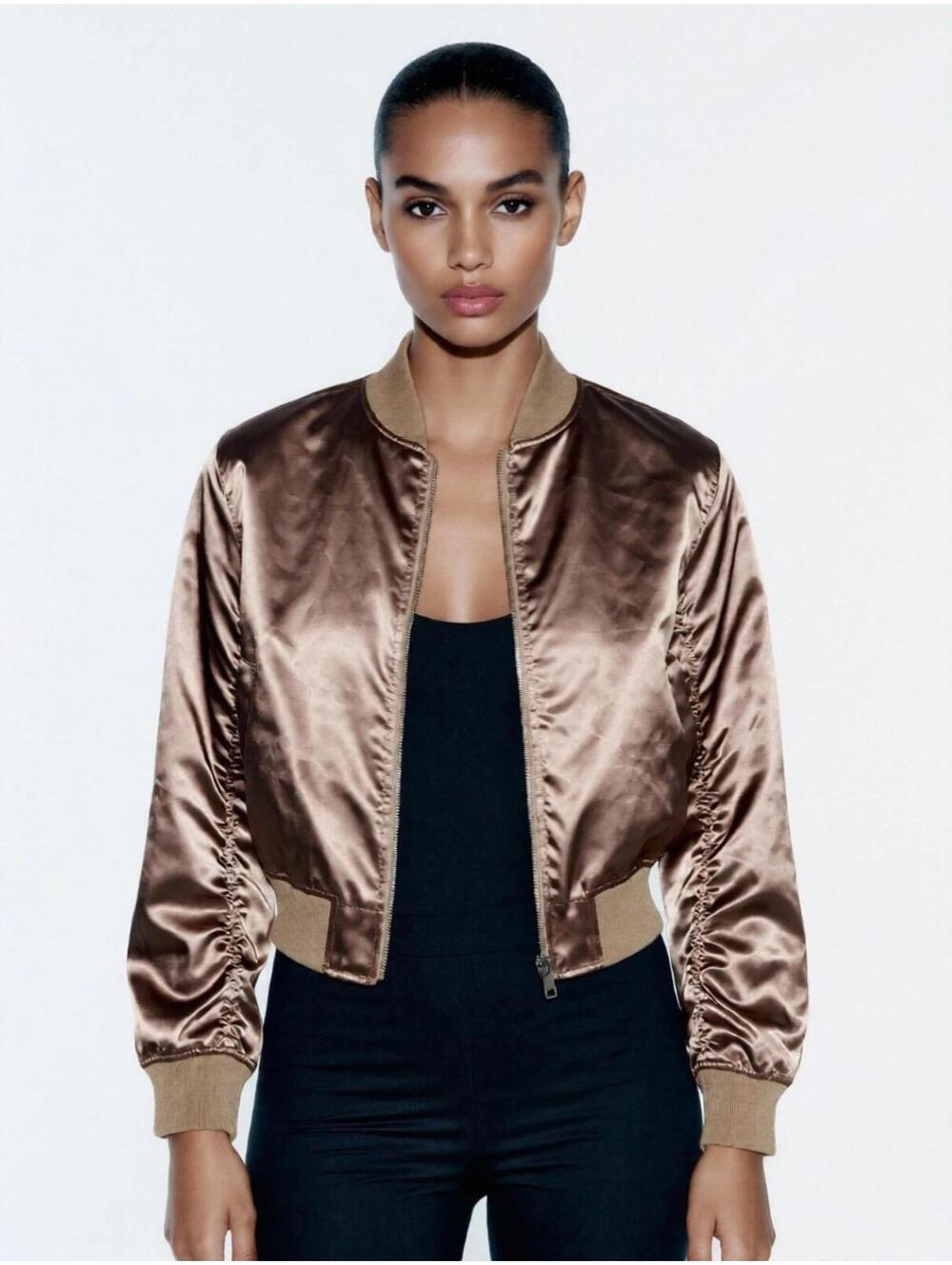 NWT Womens Bomber Jacket Gold Top Shop Size L Retro Zip up Retro 80s Glam Pop